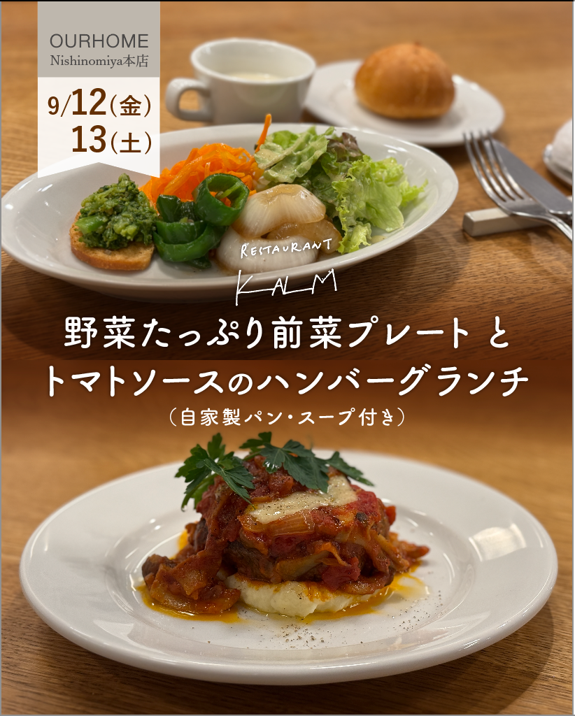 野菜たっぷり前菜プレートとトマトソースのハンバーグランチ(自家製パン・スープ付き)