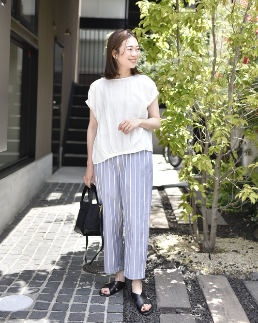 綿100%ストライプ柄セミワイドパンツ - OURHOME