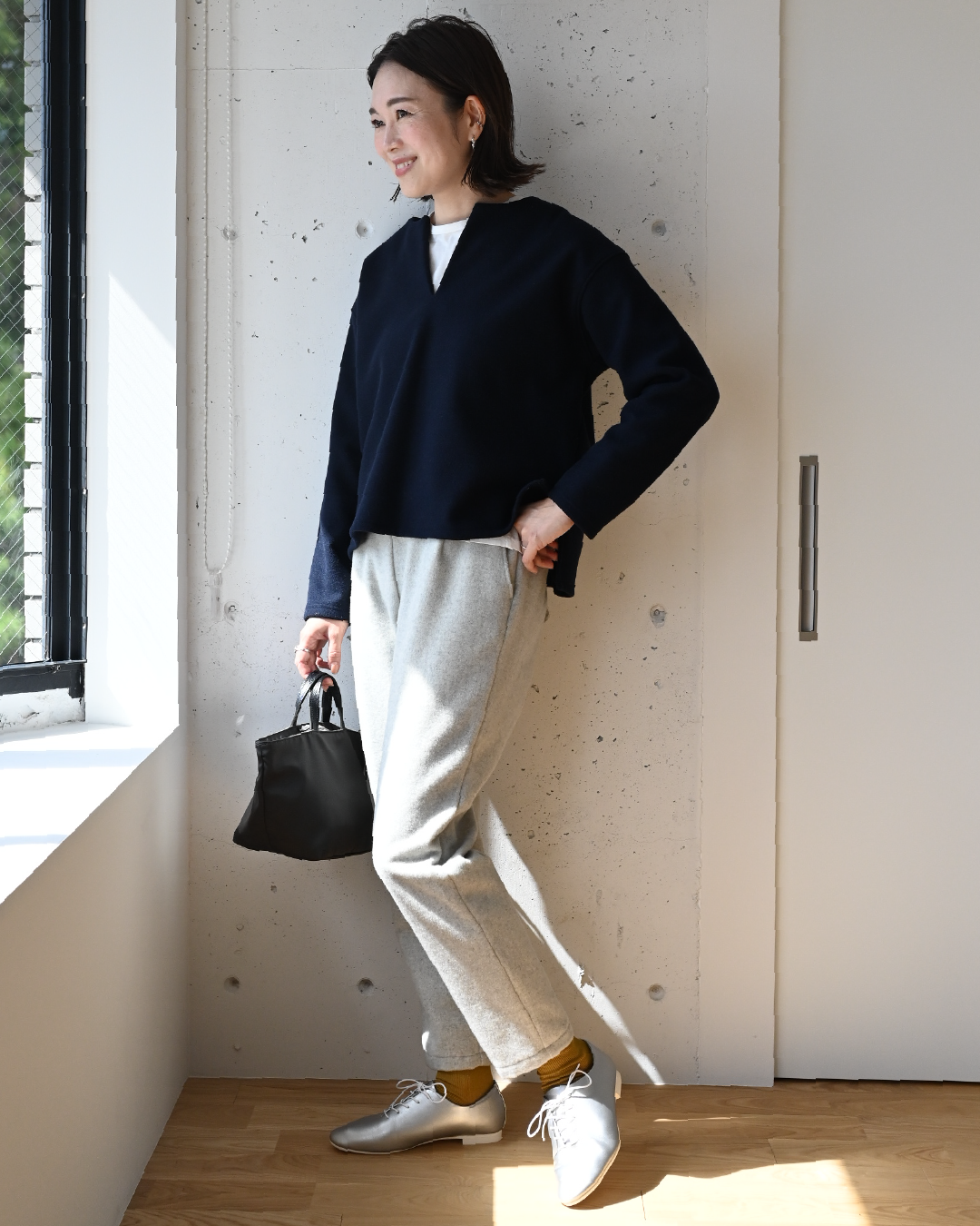 直営店販売 OURHOME 洗える裏起毛のあったかテーパードパンツ ネイビー